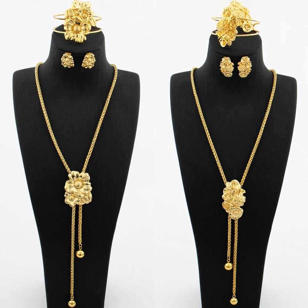 Ensemble de bijoux plaqué or pour femme collier réglable boucle d'oreille en cuivre en forme de fleur, bracelet et matiques, bijoux de mariage africains de Dubaï