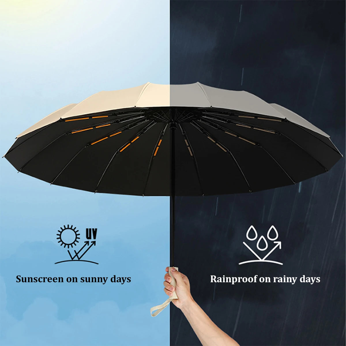 Parapluie double 16 carats pour homme et femme, grand format, coupe-vent, compact, pliable, automatique, pour le soleil, la pluie, les voyages