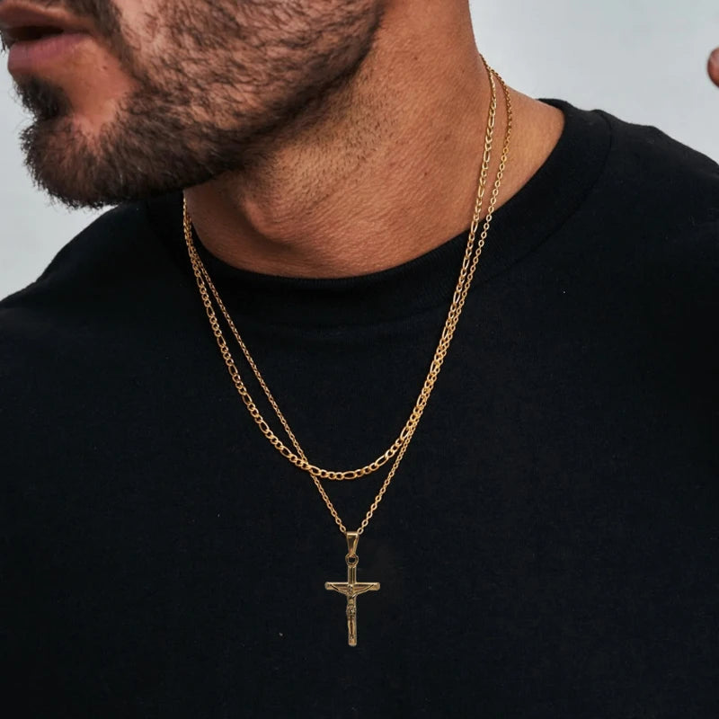 Collier Pendentif Croix de Jésus en Acier Inoxydable Doré à l'Or 18k pour Hommes et Femmes, Unisexe, Religieux, Étanche, Accessoire de Bijouterie