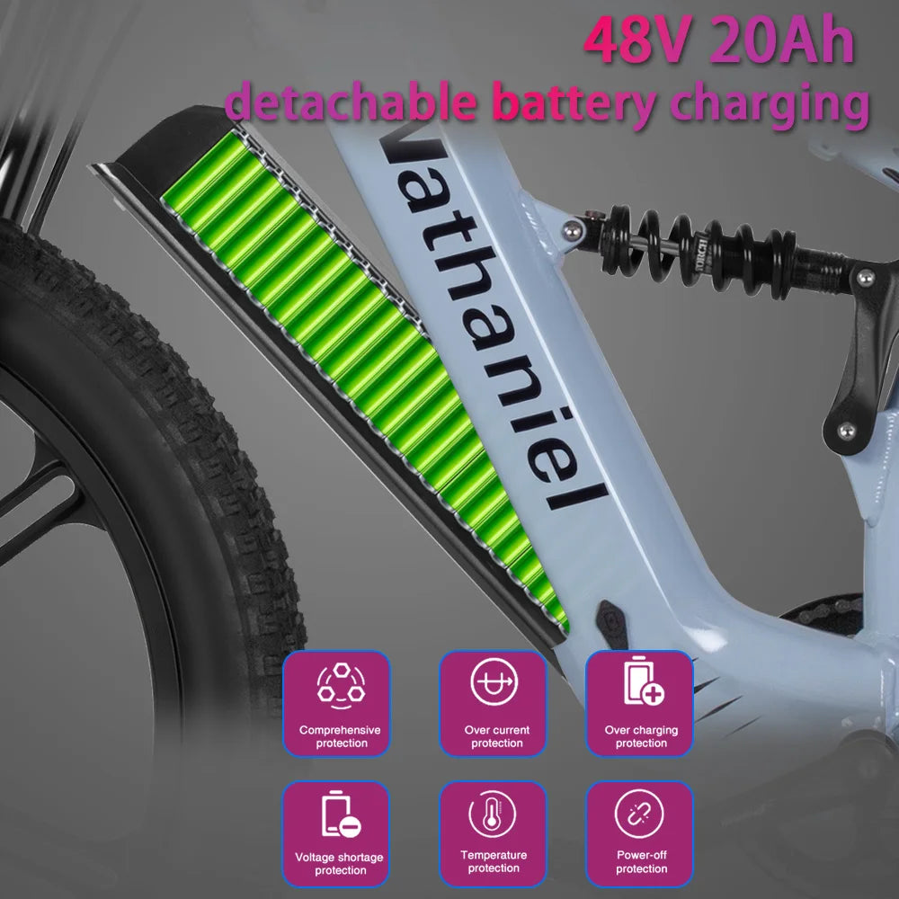 Nathaniel SYR09 double moteur 2000W, roue intégrée à gros pneus 26*4.0, batterie détachable 48V 20Ah, 55 KM/H, vélo électrique de montagne à queue souple