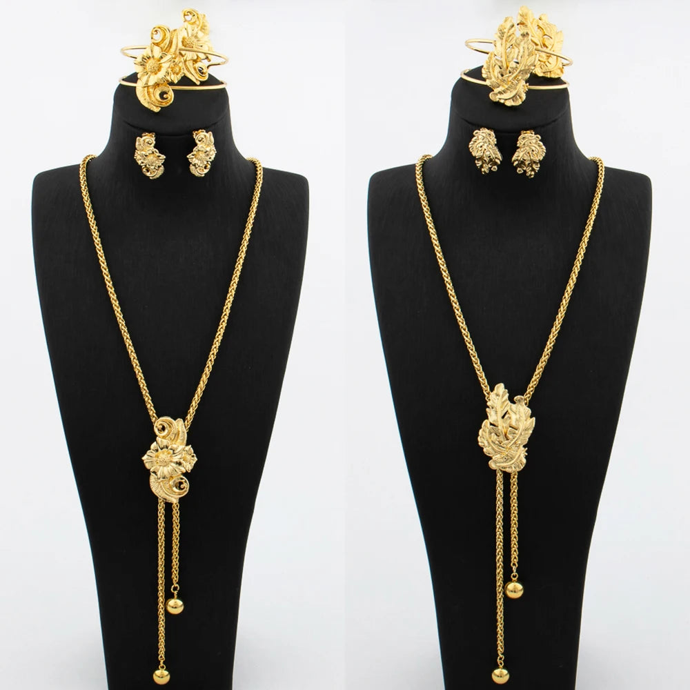 Ensemble de bijoux plaqué or pour femme collier réglable boucle d'oreille en cuivre en forme de fleur, bracelet et matiques, bijoux de mariage africains de Dubaï