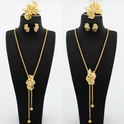 Ensemble de bijoux plaqué or pour femme collier réglable boucle d'oreille en cuivre en forme de fleur, bracelet et matiques, bijoux de mariage africains de Dubaï