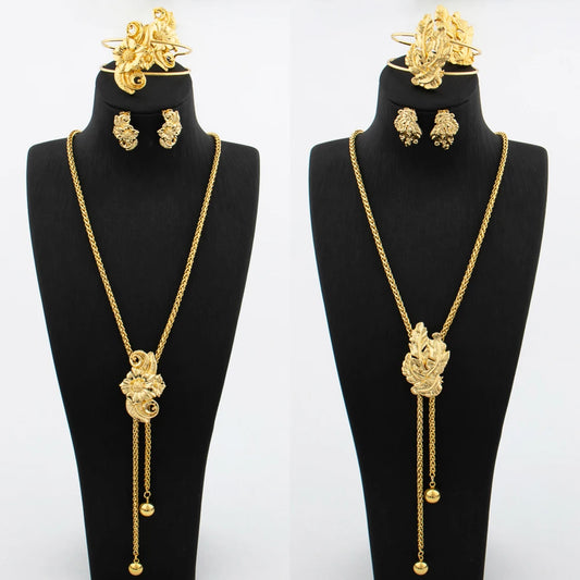 Ensemble de bijoux plaqué or pour femme collier réglable boucle d'oreille en cuivre en forme de fleur, bracelet et matiques, bijoux de mariage africains de Dubaï