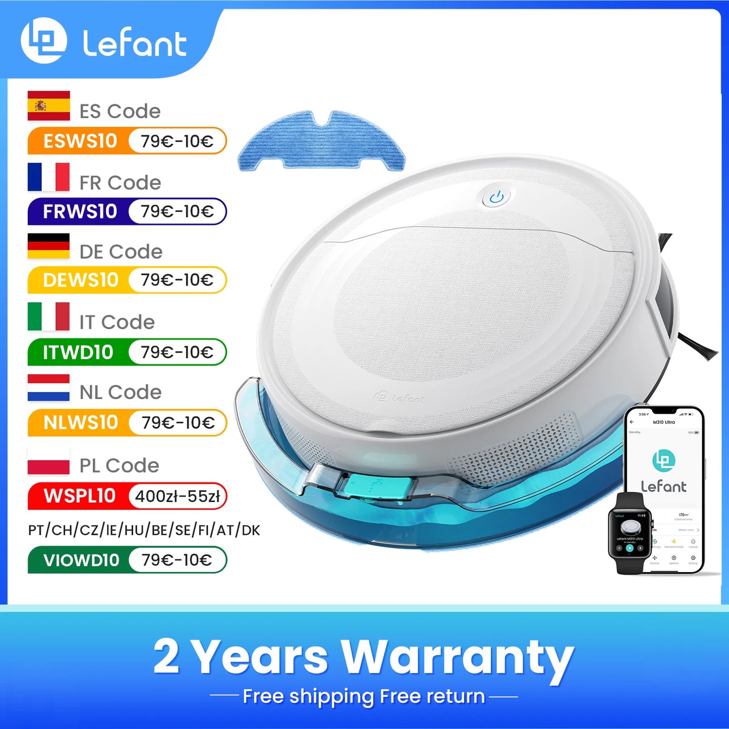 LEFANT M310 UltraAspirateur robot et balai à franges, puissance d'aspiration de 6000 Pa, navigation ToF avec capteur PSD à 190°, autonomie de 170 min, compatible avec l'application/Alexa, idéal pour les poils d'animau