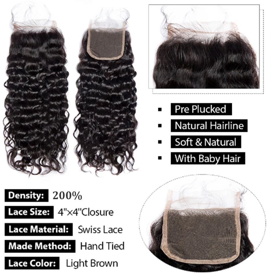 Paquets de vague d'eau avec fermeture paquets de cheveux humains brésiliens bouclés humides et ondulés et fermeture 4X4 3 paquets avec dentelle frontale HD