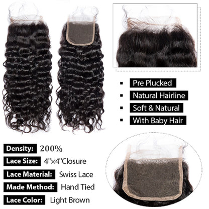 Paquets de vague d'eau avec fermeture paquets de cheveux humains brésiliens bouclés humides et ondulés et fermeture 4X4 3 paquets avec dentelle frontale HD