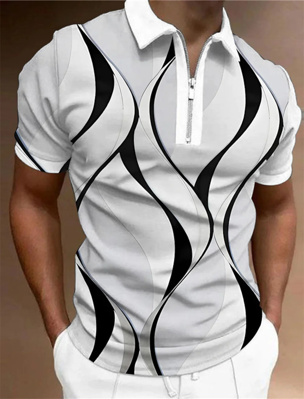 Polo à revers zippé pour homme Polos de golf Imprimés graphiques Géométrie Linéaire Rabattu Manches courtes Fermeture éclair Vêtements Hauts Designer