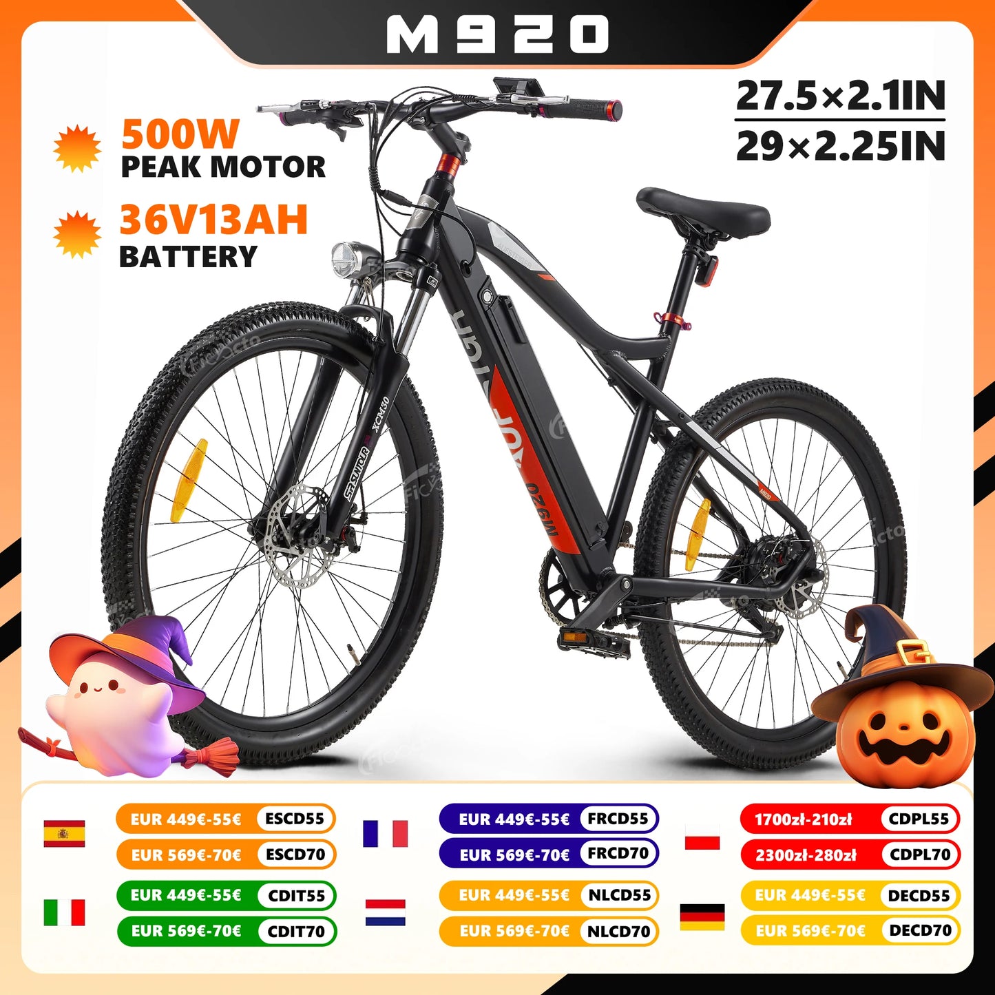 Vélo électrique M920 pour adulte 36V 13 Ah 29/27.5 pouces VTT électrique, suspension avant à huile, freins à disque mécaniques