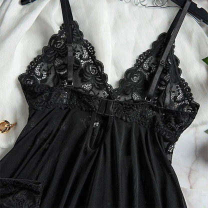 Un ensemble de chemise de nuit Ultra Sexy en Tulle, soutien-gorge à col en v, jupe de nuit ouverte, robe érotique pour femme, pyjama transparent, pantalon de Lingerie, kit de luxe