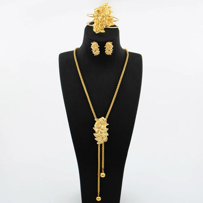 Ensemble de bijoux plaqué or pour femme collier réglable boucle d'oreille en cuivre en forme de fleur, bracelet et matiques, bijoux de mariage africains de Dubaï