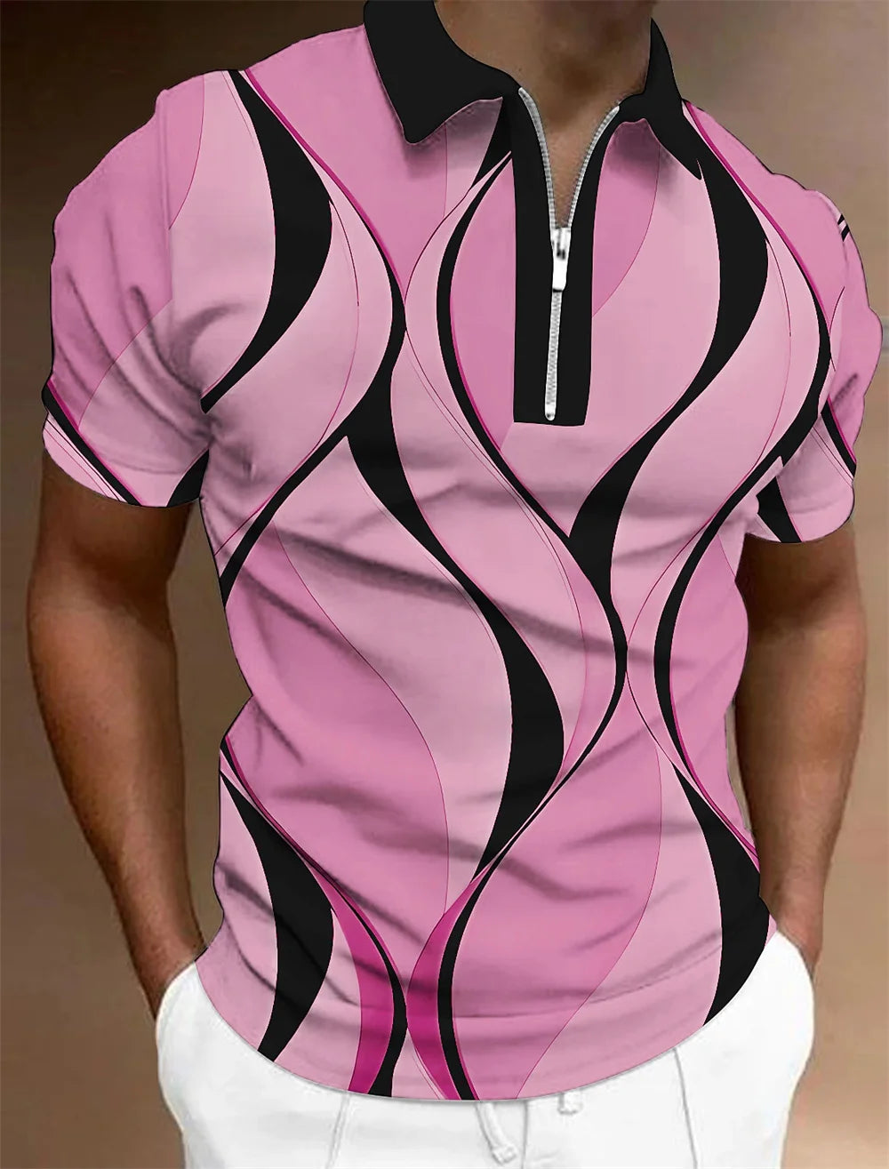 Polo à revers zippé pour homme Polos de golf Imprimés graphiques Géométrie Linéaire Rabattu Manches courtes Fermeture éclair Vêtements Hauts Designer