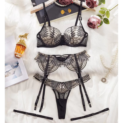 Ensemble de Lingerie Sexy en Tulle Transparent, ajouré, broderie, dentelle épissure, soutien-gorge, jarretelles, quatre pièces, Style français, Ultra-fin, nouvelle collection