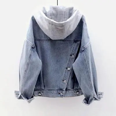 Women's Loose Fit Denim Jacket with Hood and Pockets