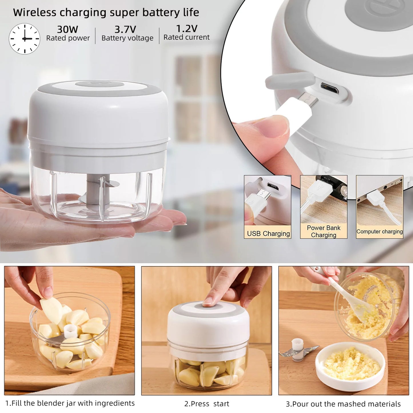 Hachoir électrique de cuisine, Mini broyeur d'ail, hachoir à viande Portable USB, hachoir à légumes pour Gadgets de cuisine