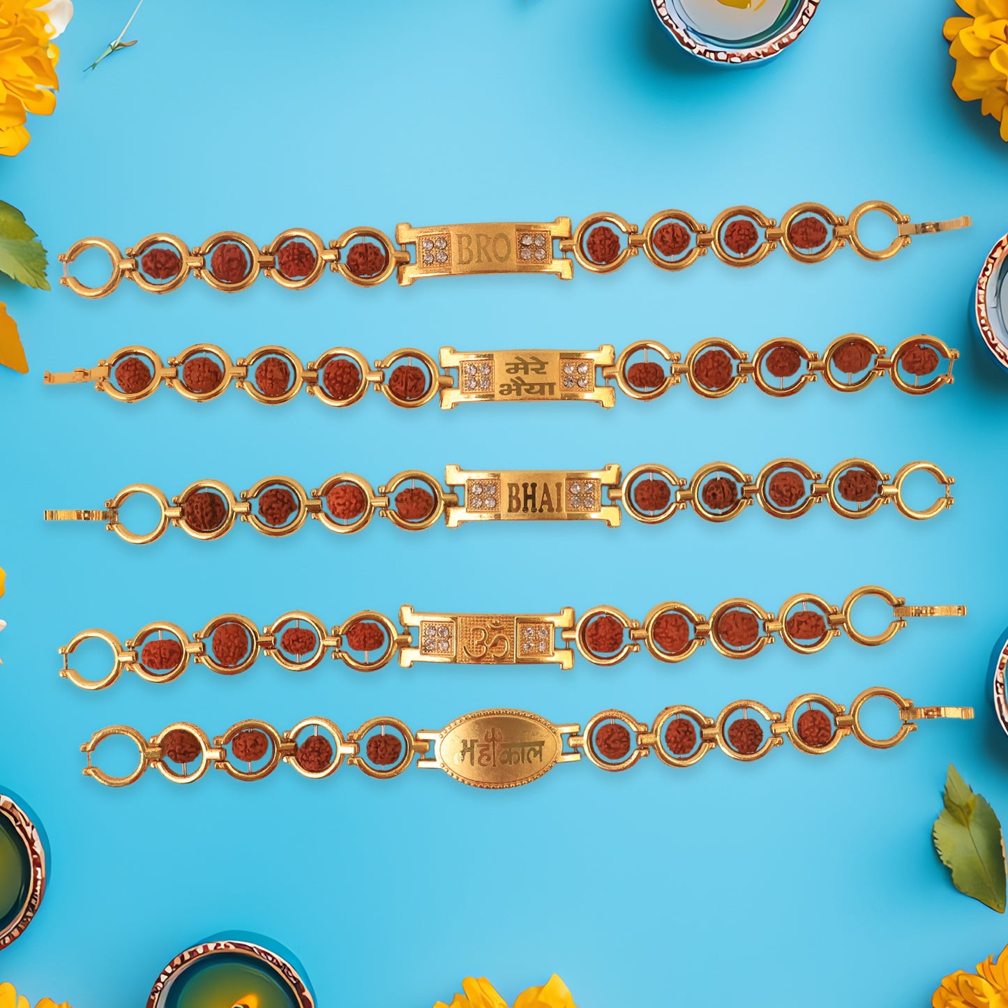 Gold Plated Designer Circular Bead Bracelet Rakhi For Brother (Mix Design  1 Pc)