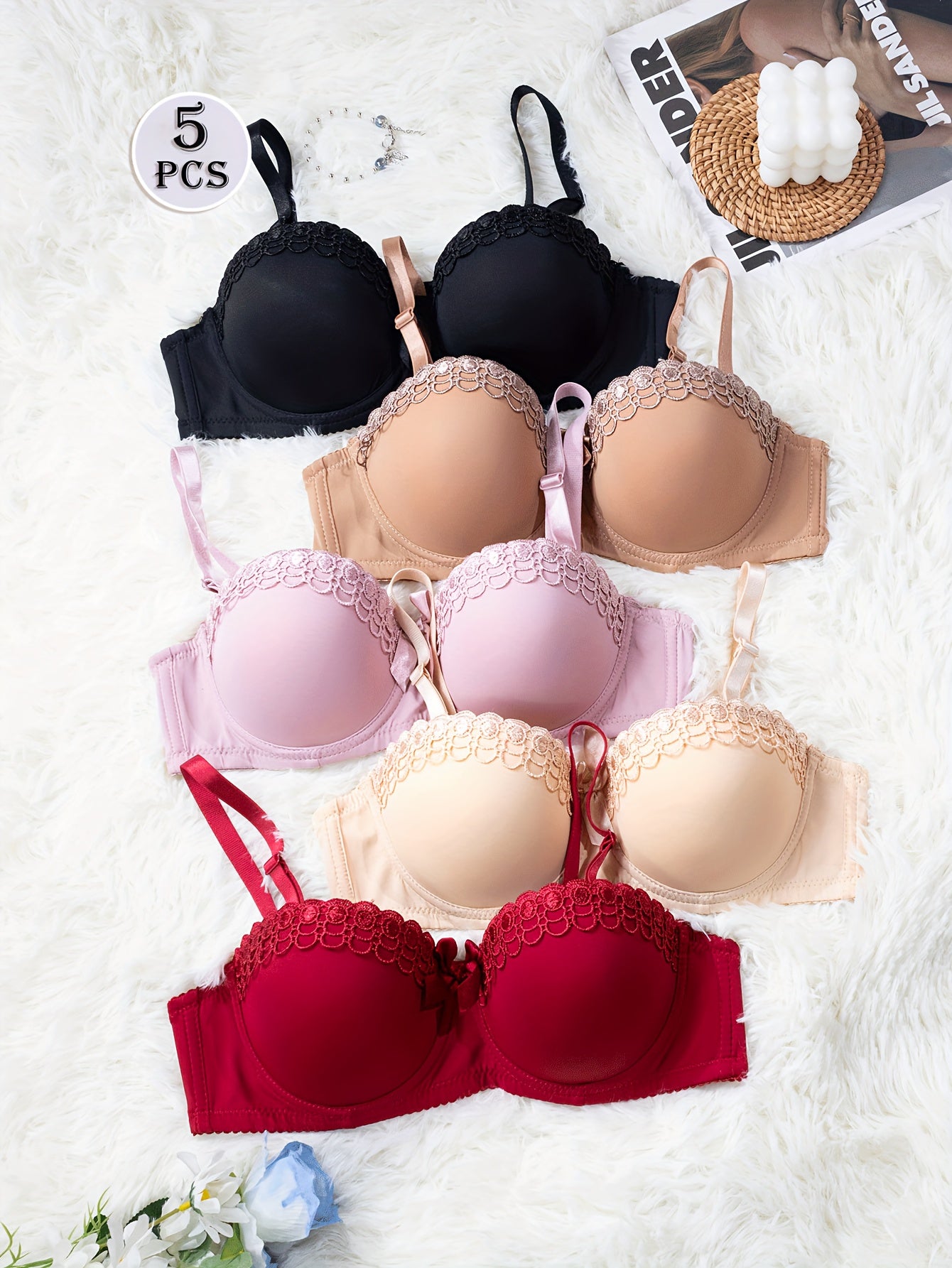 5pcs Lingerie Set with Butterfly, Underwire Bra and Panties, Non-Slip Fashion Sexy Women's Underwear