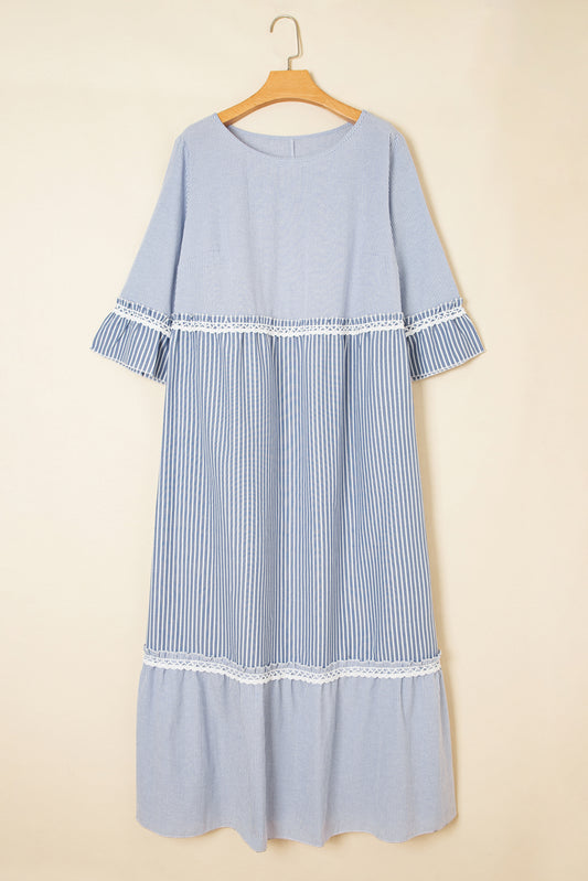 Sky Blue Stripe Crisscross Lace Detail Mixed Striped Patchwork Plus Size Shift Long Dress