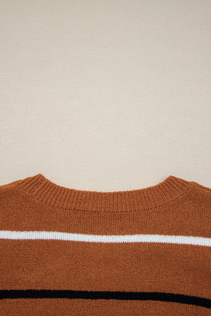 Brown Stripe Striped Ribbed Edge Drop Shoulder Sweater
