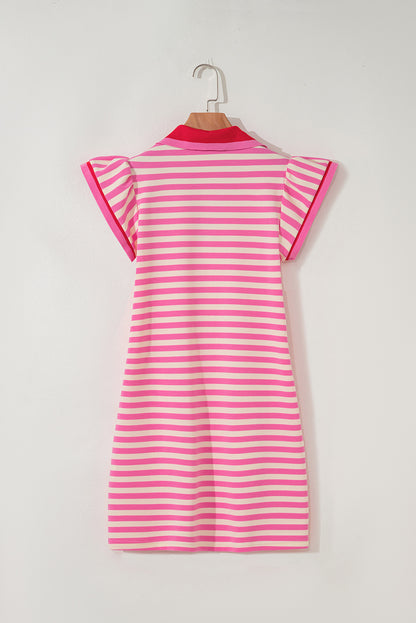Sachet Pink Stripe Print Contrast Collar Split Neck Flutter Sleeve Short Dress