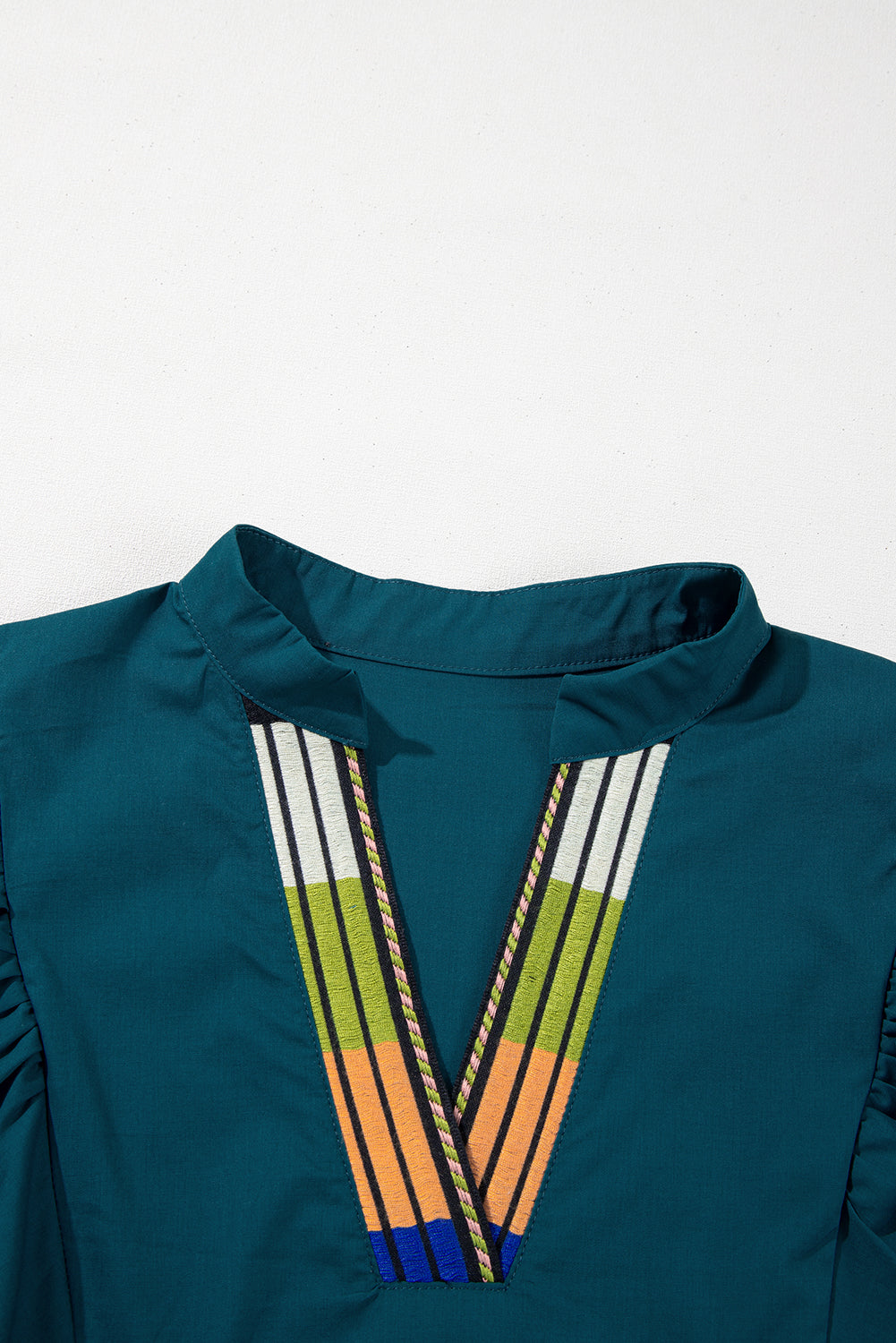 Blue Sapphire Colorblock Split V Neck Puff Sleeve Mini Dress