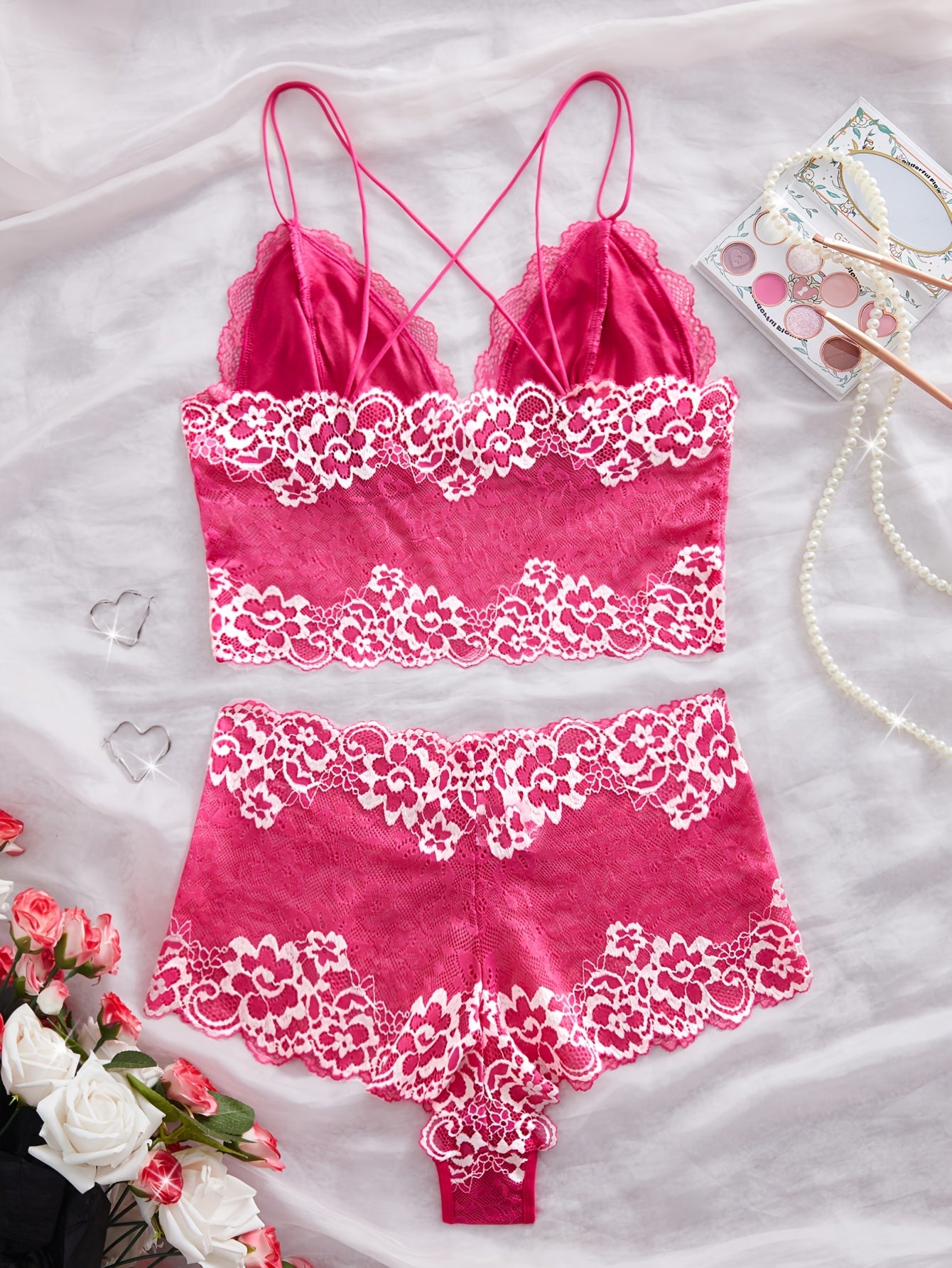 Two-Tone Floral Lace Bra Set, V-Neck Bodycon Hollow-Out Top and Panties, Women's Daily Comfort Underwear