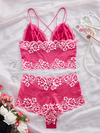 Two-Tone Floral Lace Bra Set, V-Neck Bodycon Hollow-Out Top and Panties, Women's Daily Comfort Underwear