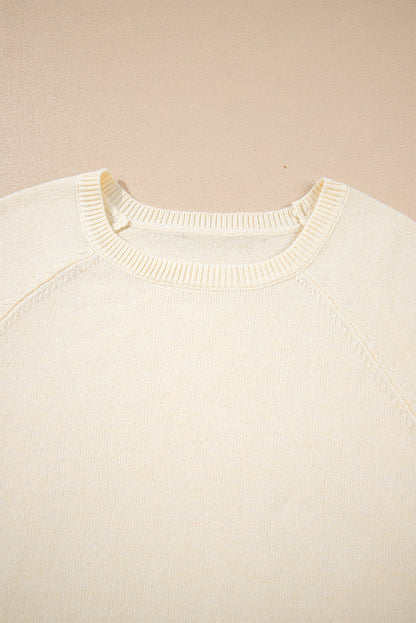 White Buttoned Bishop Sleeve Crew Neck Sweater