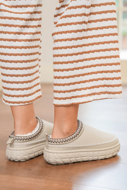 White Contrast Stitch Detail Faux Suede PU Patchwork Plush Winter Clog Slippers