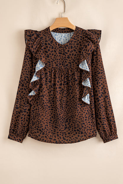 Brown Leopard Print Ruffled Puff Sleeve Blouse