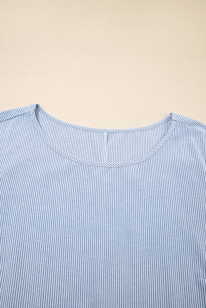 Sky Blue Stripe Crisscross Lace Detail Mixed Striped Patchwork Plus Size Shift Long Dress