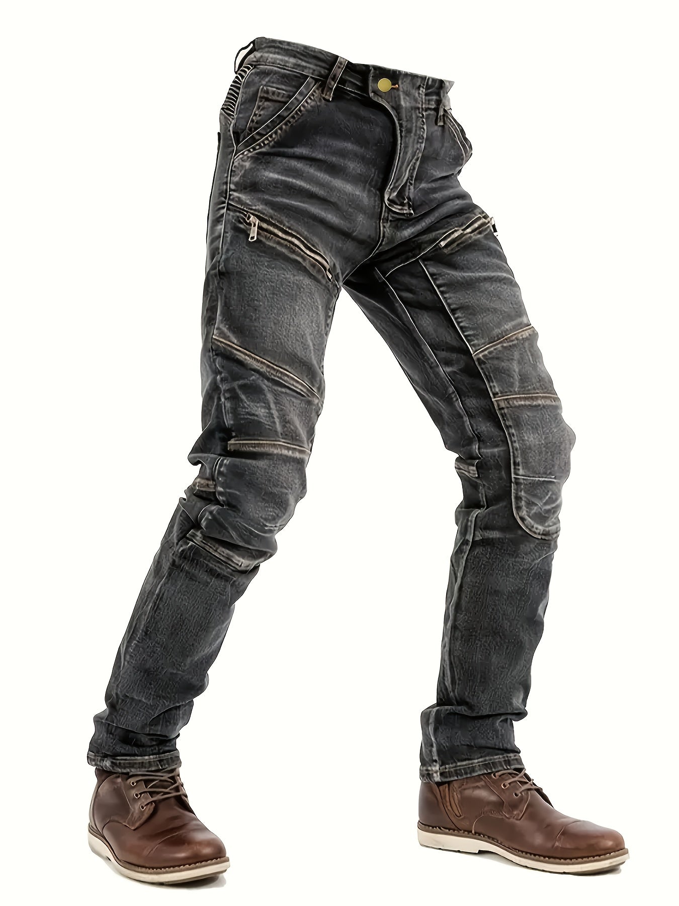 Men's Slim-Fit Black Straight-Leg Washed Pants - Streetwear Pants with Faux-Zipper Panel (No actual zip), Machine-Washable All-Season Wear for Jeans Suit & Casual Outfits - Non- Durable Fabric