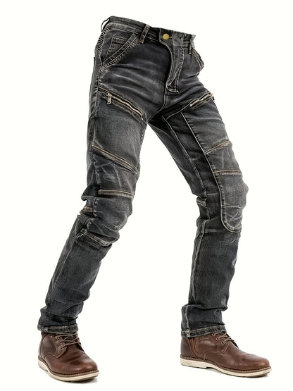 Men's Slim-Fit Black Straight-Leg Washed Pants - Streetwear Pants with Faux-Zipper Panel (No actual zip), Machine-Washable All-Season Wear for Jeans Suit & Casual Outfits - Non- Durable Fabric