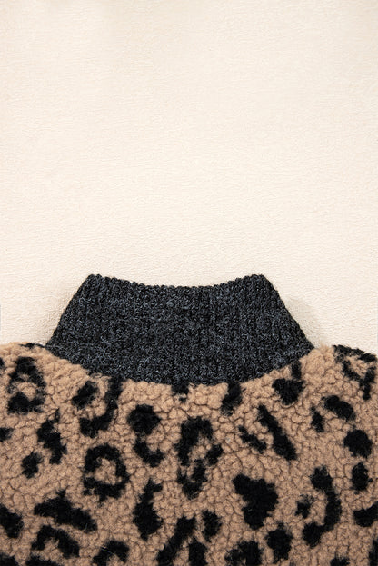 Khaki Leopard Print Zip Up Stand Neck Side Pocket Jacket