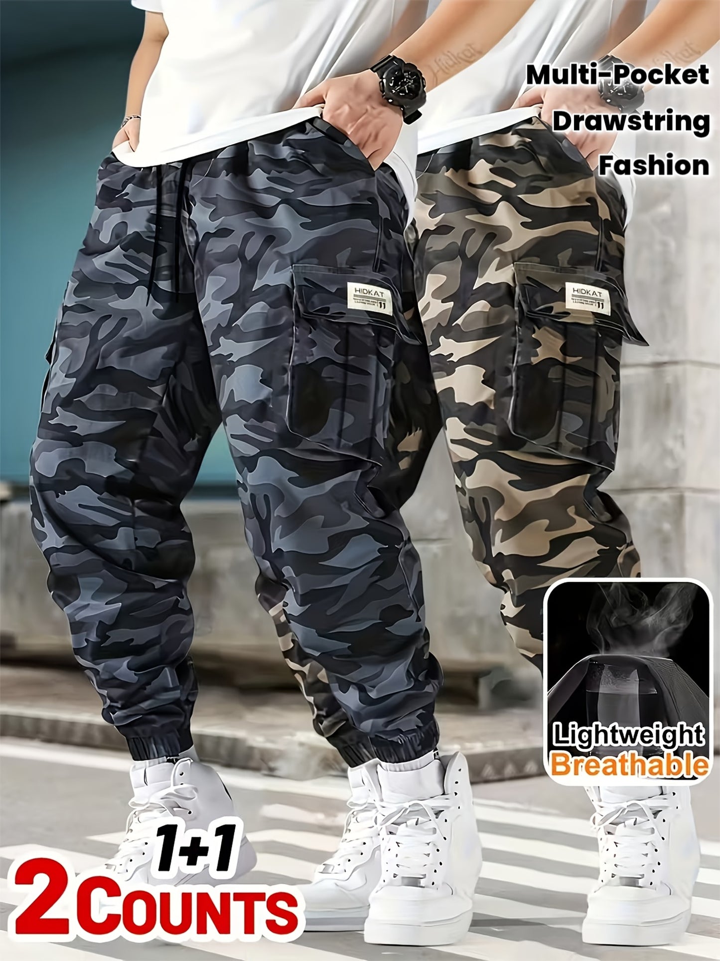 2-Pack 2025 New Men's Camouflage Cargo Pants - Military Style Drawstring Multi-Pocket Long Pants, Spring and Autumn Casual Sports Pants, Stylish Tactical Apparel