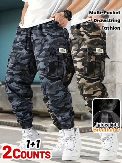 2-Pack 2025 New Men's Camouflage Cargo Pants - Military Style Drawstring Multi-Pocket Long Pants, Spring and Autumn Casual Sports Pants, Stylish Tactical Apparel