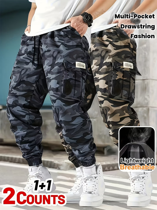 2-Pack 2025 New Men's Camouflage Cargo Pants - Military Style Drawstring Multi-Pocket Long Pants, Spring and Autumn Casual Sports Pants, Stylish Tactical Apparel