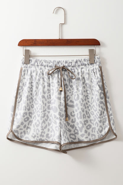 White Leopard Elastic Waistband Lace up Contrast Trim Casual Shorts