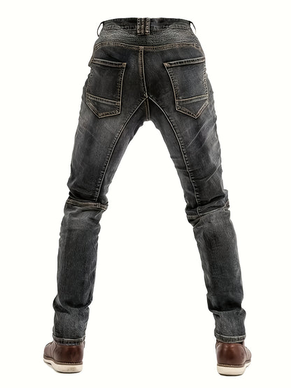 Men's Slim-Fit Black Straight-Leg Washed Pants - Streetwear Pants with Faux-Zipper Panel (No actual zip), Machine-Washable All-Season Wear for Jeans Suit & Casual Outfits - Non- Durable Fabric