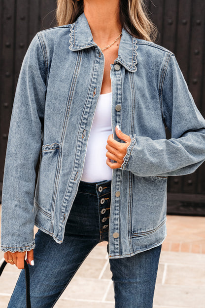 Myosotis Scallop Trim Collar Patched Pocket Button Up Denim Jacket