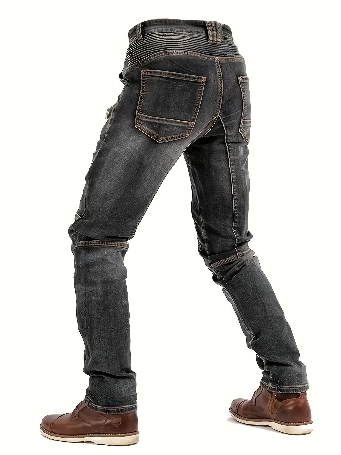 Men's Slim-Fit Black Straight-Leg Washed Pants - Streetwear Pants with Faux-Zipper Panel (No actual zip), Machine-Washable All-Season Wear for Jeans Suit & Casual Outfits - Non- Durable Fabric