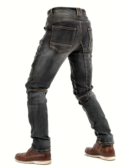 Men's Slim-Fit Black Straight-Leg Washed Pants - Streetwear Pants with Faux-Zipper Panel (No actual zip), Machine-Washable All-Season Wear for Jeans Suit & Casual Outfits - Non- Durable Fabric