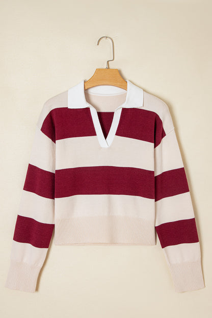 Brown Ribbed Trim Color Block Knitted Polo Collar Sweater
