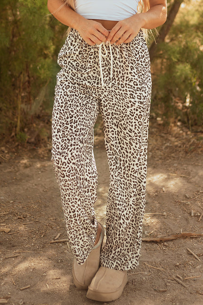 Brown Leopard Drawstring Elastic Waistband Loose Pants