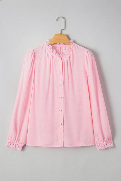 Gossamer Pink Lace Patchwork Edge Collarless Button Up Shirt
