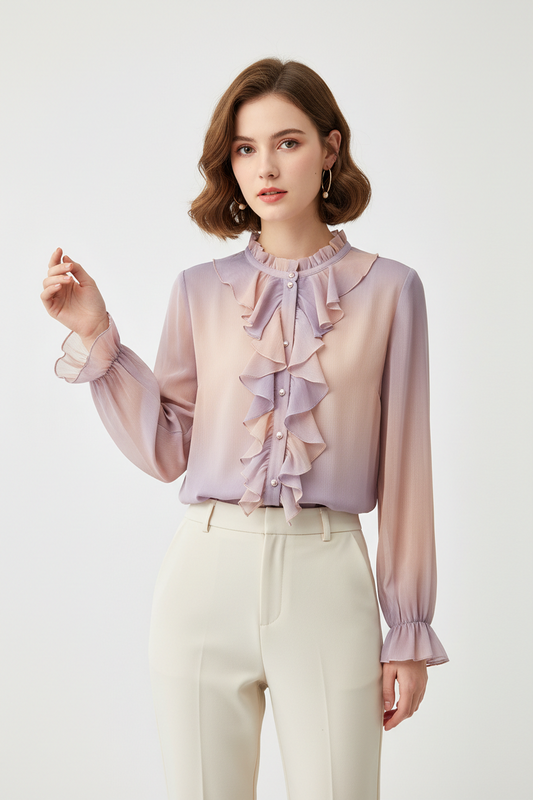 Young Gee Designer Chiffon Blouse Office Lady Tops Sweet Cascade Ruffles Women Long Sleeve Summer Blouses blusas mujer de moda